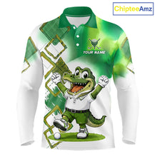 Load image into Gallery viewer, Front view of funny alligator mens long sleeve golf polo shirt in green with custom name on chest, team golf shirts and golf gifts design