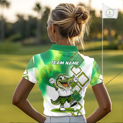 Funny Alligator Womens Golf Polo Shirt Custom Name, Team Golf Shirts, Golf Gifts | Green NBT839
