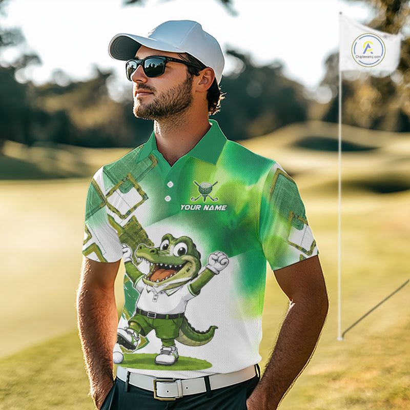 Model wearing funny alligator mens golf polo shirt with custom name in green, team golf shirts and unique golf gifts outfit