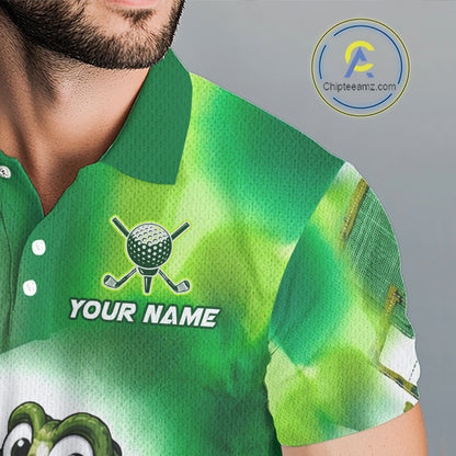 Green polo shirt with a golf logo and 'Your Name' text on the chest