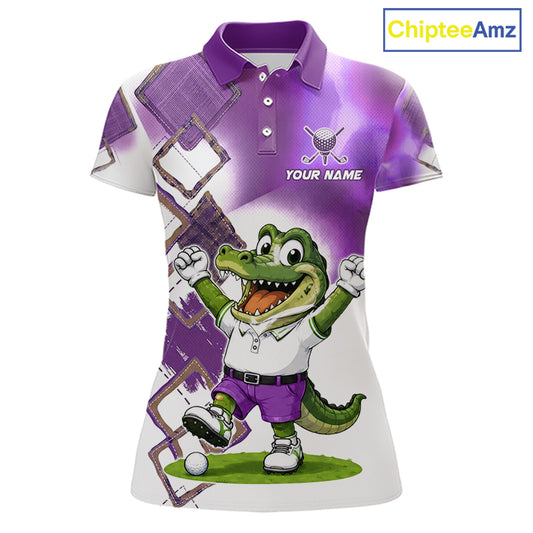 Funny Alligator Womens Golf Polo Shirt Custom Name, Team Golf Shirts, Golf Gifts | Purple NBT840