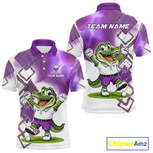 Load image into Gallery viewer, Front and back view of funny alligator mens golf polo shirt in purple with custom name on chest, team golf shirts and golf gifts design