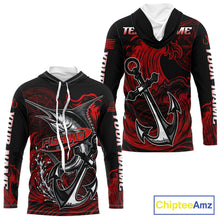 Load image into Gallery viewer, Front and back view of Custom Marlin Fishing Ocean Camo Long Sleeve Hooded Fishing Shirt Marlin Saltwater Fishing Jersey, UPF 30+ long sleeve fishing shirt with marlin graphic and Your Name on sleeves, team name on the back.