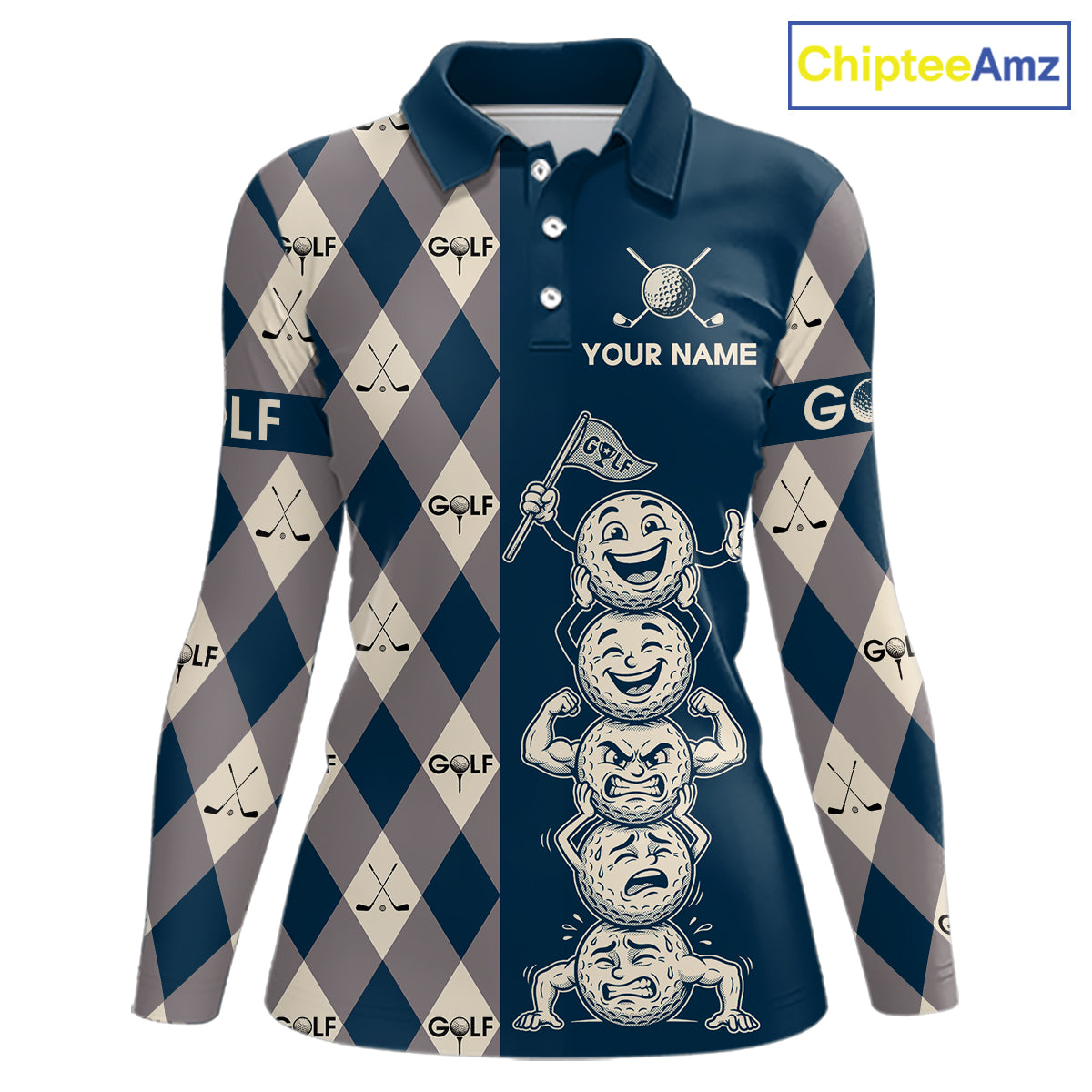 Funny Golf Ball Womens Golf Polo Shirts Custom Blue Argyle Pattern Golf Attire For Ladies, Golfer Gifts NBT627