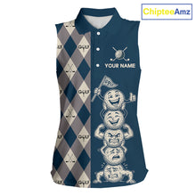 Load image into Gallery viewer, Funny Golf Ball Womens Sleeveless Golf Polo Shirts Custom Blue Argyle Pattern Golf Attire For Ladies, Golfer Gifts NBT627