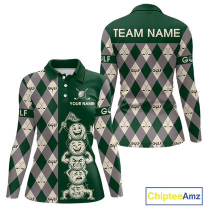 Funny Golf Ball Womens Golf Polo Shirts Custom Green Argyle Pattern Golf Attire For Ladies, Golfer Gifts NBT628