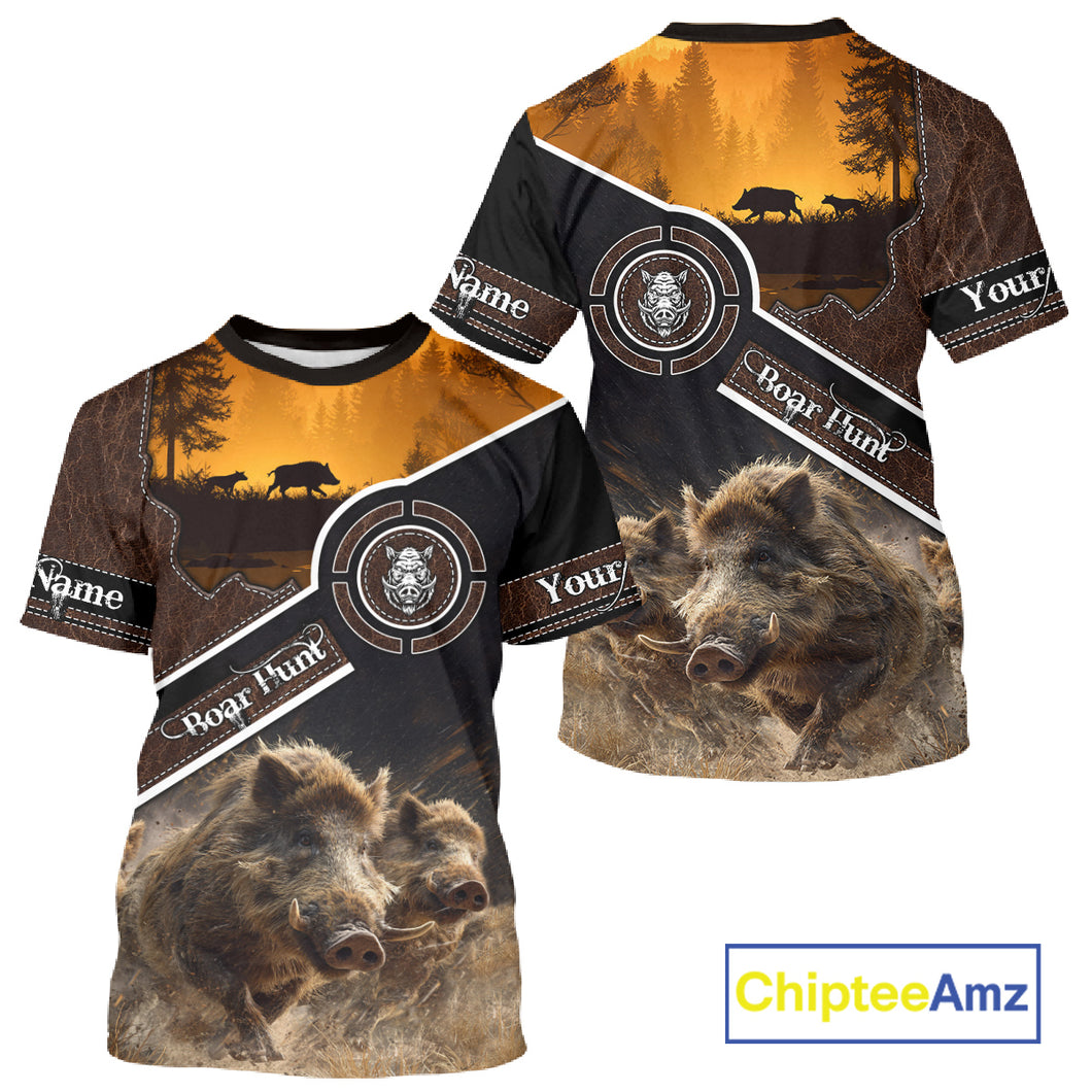 Wild Boar Hunting Leather Pattern Custom Name 3D All Over Printed Shirts Personalized Boar Shirt NBT143