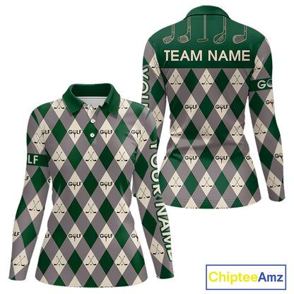 Green Argyle Plaid Pattern Womens Golf Polo Shirts Custom Golf Attire For Ladies, Team Golf Shirt NBT637