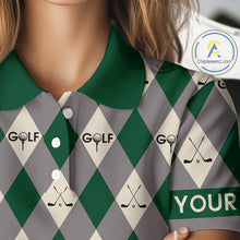 Load image into Gallery viewer, Green Argyle Plaid Pattern Womens Golf Polo Shirts Custom Golf Attire For Ladies, Team Golf Shirt NBT637