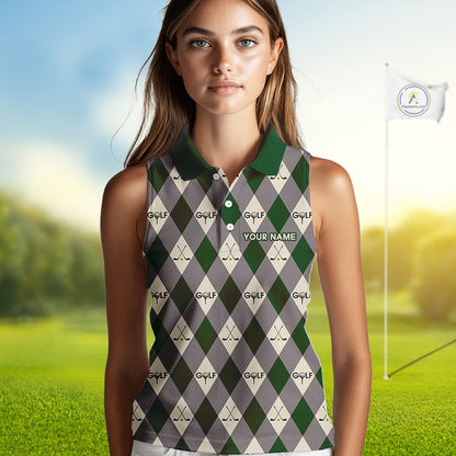 Green Argyle Plaid Pattern Womens Sleeveless Golf Polo Shirts Custom Golf Attire For Ladies, Team Golf Shirt NBT637