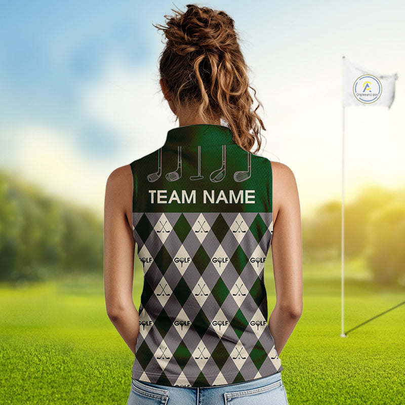 Green Argyle Plaid Pattern Womens Sleeveless Golf Polo Shirts Custom Golf Attire For Ladies, Team Golf Shirt NBT637