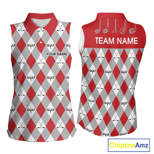 Red Argyle Plaid Pattern Womens Sleeveless Golf Polo Shirts Custom Golf Attire For Ladies, Team Golf Shirt NBT638