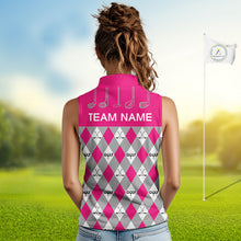Load image into Gallery viewer, Pink Argyle Plaid Pattern Womens Sleeveless Golf Polo Shirts Custom Golf Attire For Ladies, Team Golf Shirt NBT639