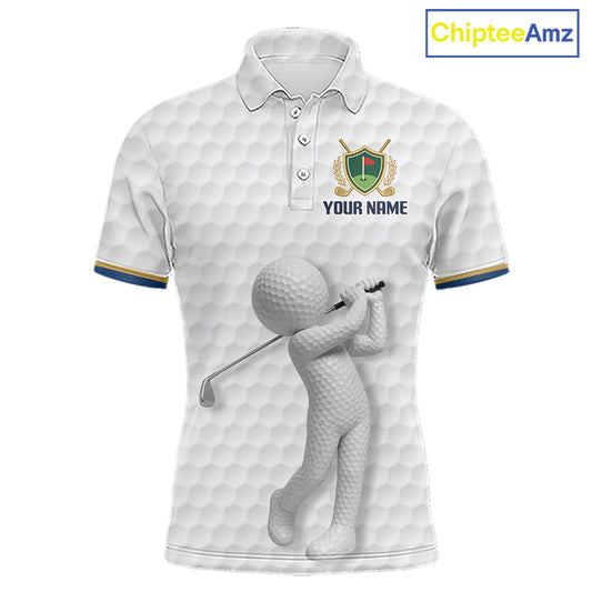 Front view Custom Name mens golf polo shirt with unique golf ball pattern and personalized design