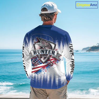 Personalized American Flag Northern Pike Fishing Shirts Long Sleeve, Patriotic Pike Fishing Jerseys|Blue NBT655