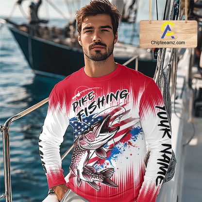 Personalized American Flag Northern Pike Fishing Shirts Long Sleeve, Patriotic Pike Fishing Jerseys|Red NBT656