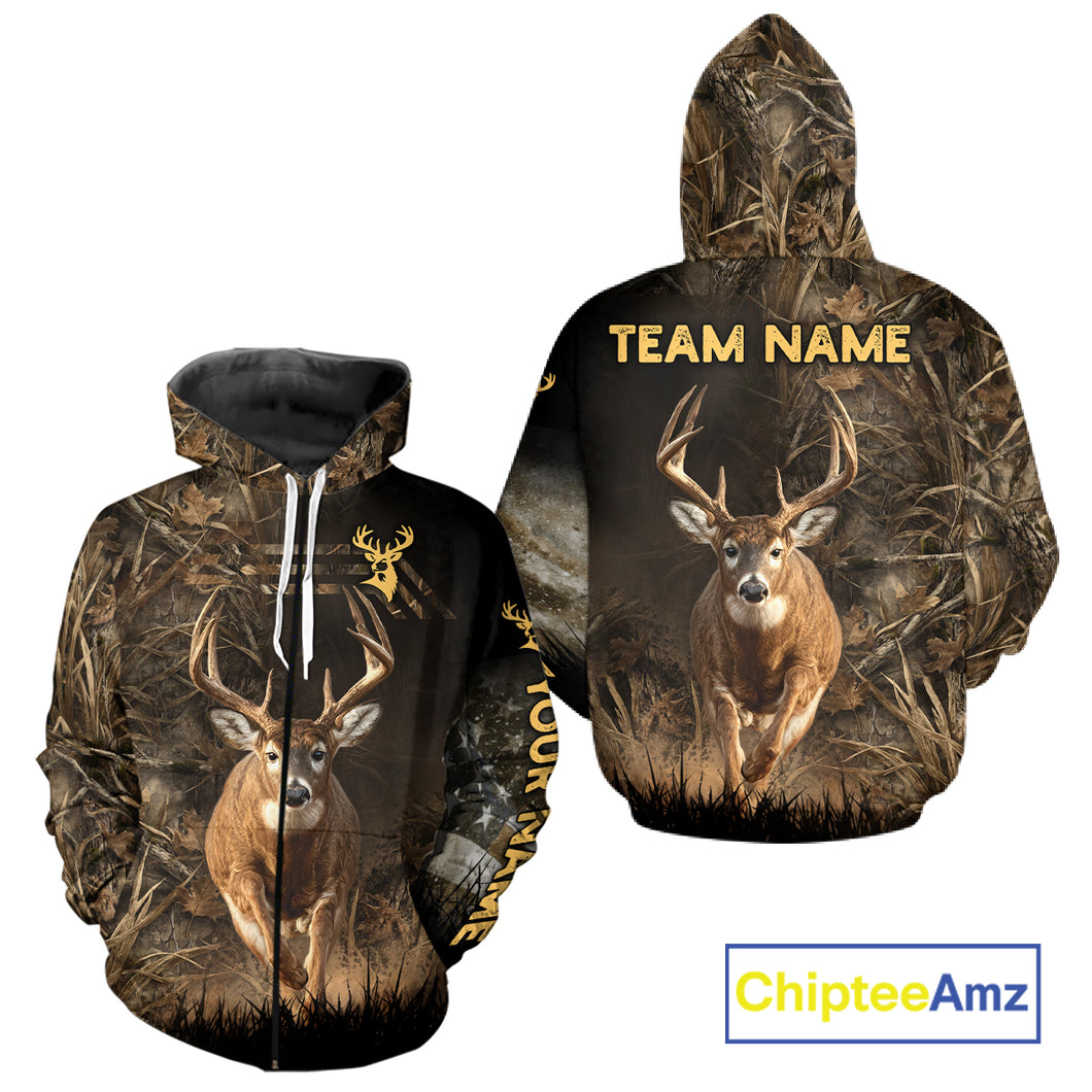 Custom Brown Camo with US Flag Deer Hunting Shirts for Men, Deer Hunting Clothes, Hunting Gifts NBT52