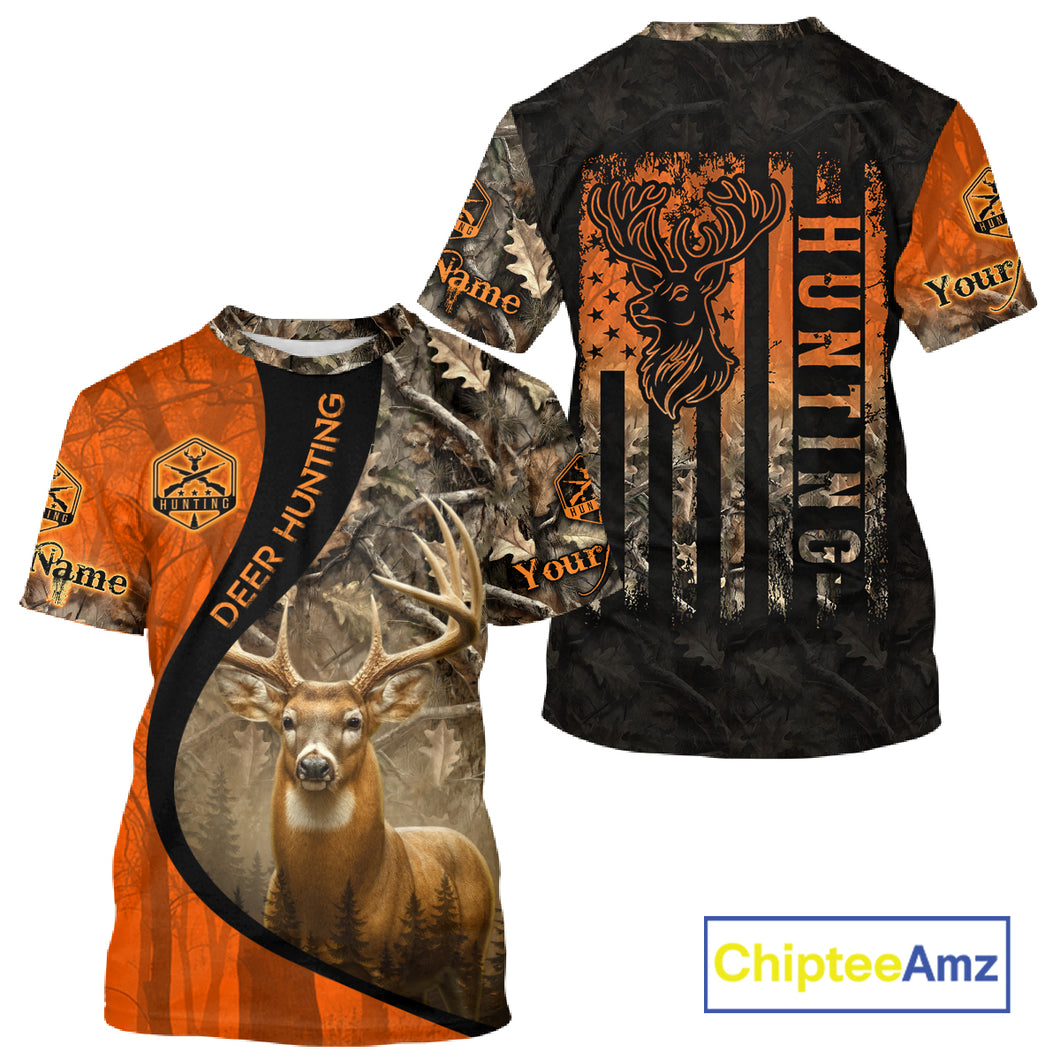 Orange Deer Camouflage US Flag Personalized Hunting Shirts, Hunting Outfit NBT57