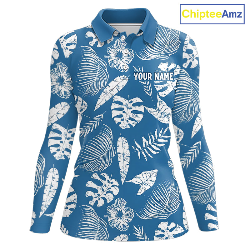Blue long sleeve golf shirt with white tropical leaf pattern and 'Your Name' text