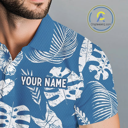 Blue shirt with tropical leaf pattern and 'YOUR NAME' text