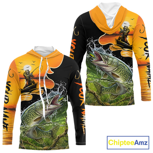 Personalized Fish Reaper Sunset Design Northern Pike Long Sleeve Hooded Fishing Shirts NBT675
