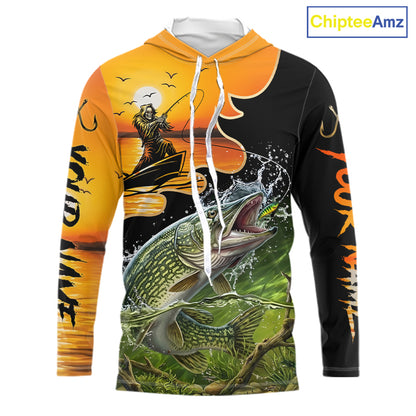 Personalized Fish Reaper Sunset Design Northern Pike Long Sleeve Hooded Fishing Shirts NBT675