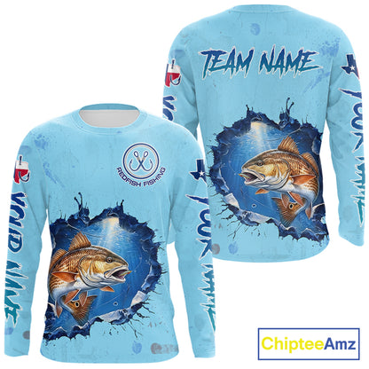 Custom Redfish Fishing Long Sleeve Tournament Shirts, Redfish Saltwater Fishing Apparel | Blue NBT686