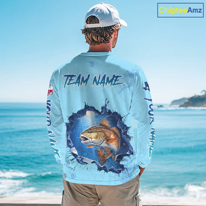 Custom Redfish Fishing Long Sleeve Tournament Shirts, Redfish Saltwater Fishing Apparel | Blue NBT686