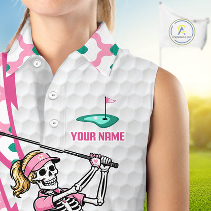 Funny Skeleton Pink Pattern Womens Sleeveless Golf Polo Shirt Golf Outfit Custom Name, Funny Golf Shirts NBT782