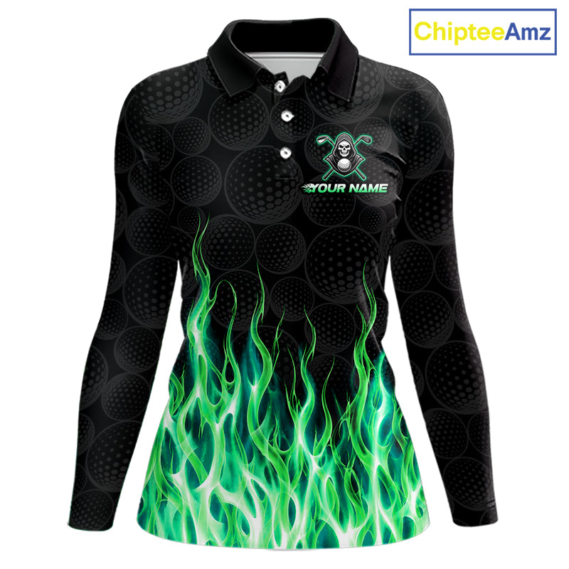 Custom Green Flame Reaper Golf Ball Pattern Womens Golf Polo Shirts Black Tournament Golf Team Shirts, Golf Outfit NBT875