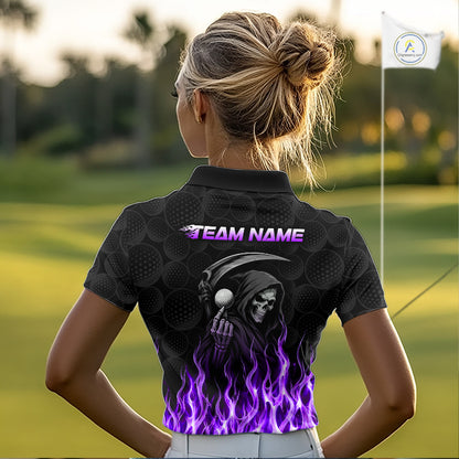 Custom Purple Flame Reaper Golf Ball Pattern Womens Golf Polo Shirts Black Tournament Golf Team Shirts, Golf Outfit NBT876