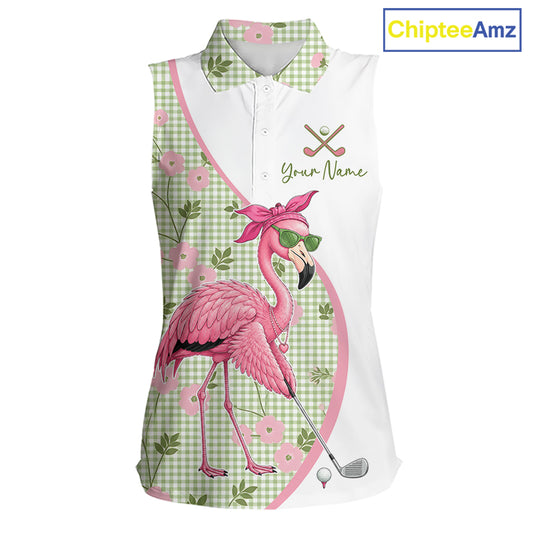 Funny Pink Flamingo Plaid Pattern Womens Sleeveless Golf Polo Shirts, Personalized Golf Gifts NBT792