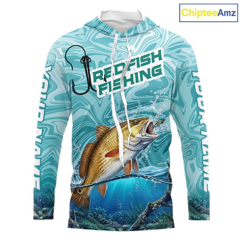 Custom Redfish Long Sleeve Hooded Performance Fishing Shirts, Water Camo Saltwater Fishing Jerseys NBT691