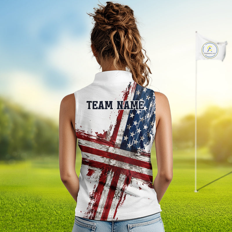 Custom US Sleeveless Golf Polo Shirt American Flag White Golf Shirts For Women, Patriotic Golf Shirt NBT701