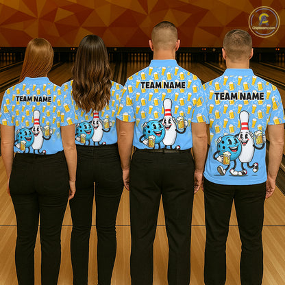Funny Blue Beer Pattern Women Bowling Polo & 1/4 Quarter Zip Shirt Custom Bowling League Team Shirts NBT952