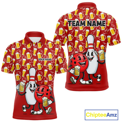 Funny Red Beer Pattern Bowling Polo & 1/4 Quarter Zip Shirt Custom Bowling League Team Shirts NBT953