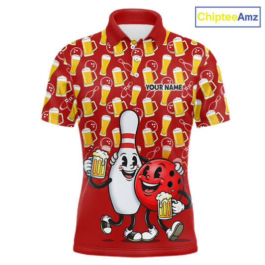 Funny Red Beer Pattern Bowling Polo & 1/4 Quarter Zip Shirt Custom Bowling League Team Shirts NBT953