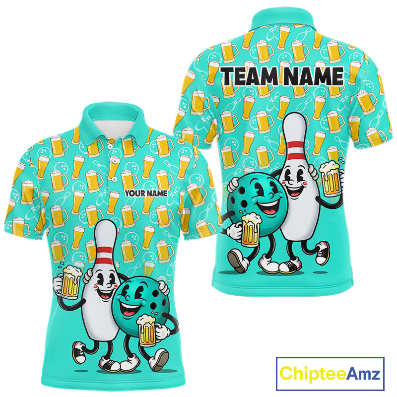 Funny Turquoise Beer Pattern Bowling Polo & 1/4 Quarter Zip Shirt Custom Bowling League Team Shirts NBT954