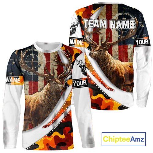 Blaze Orange Camo Elk Hunting Hoodie, Longsleeve Shirt for Men, Custom Name NBT06