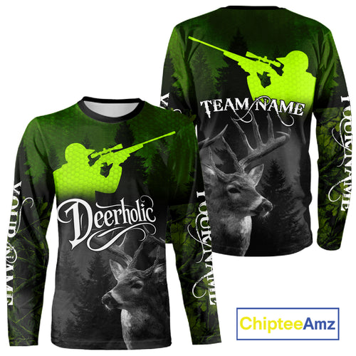 Deer Hunting Shirt Deerholic Hunter Silhouette – Green Camo Big Game Rifle for Men NBT25