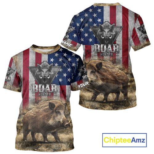 American Flag Wild Boar Camo Custom Name 3D Shirts, Boar Hunting Clothes for Hunters NBT132