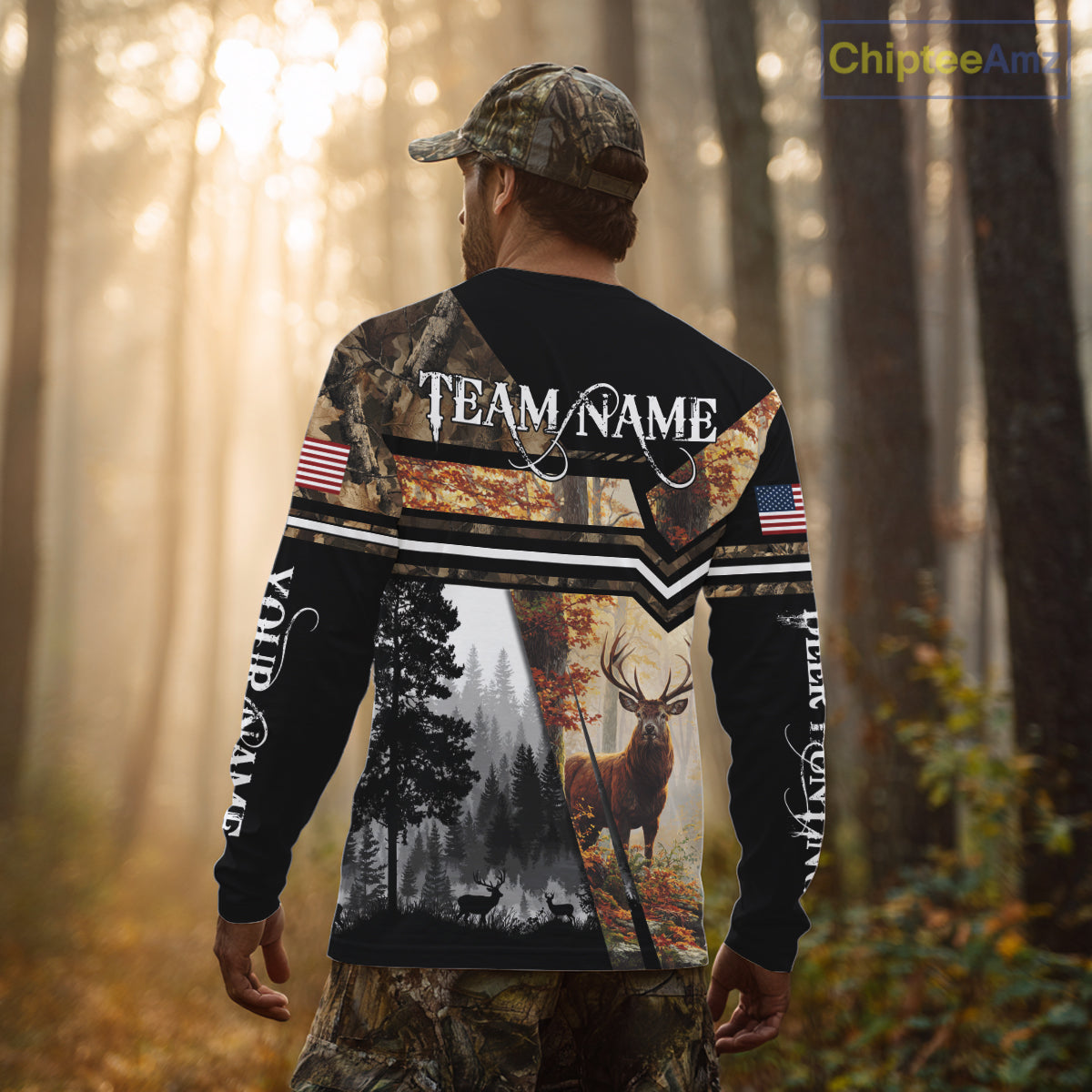 Red Deer Hunting Autumn Camo Custom Name American Flag - Best Gift Ideas for Hunters NBT40