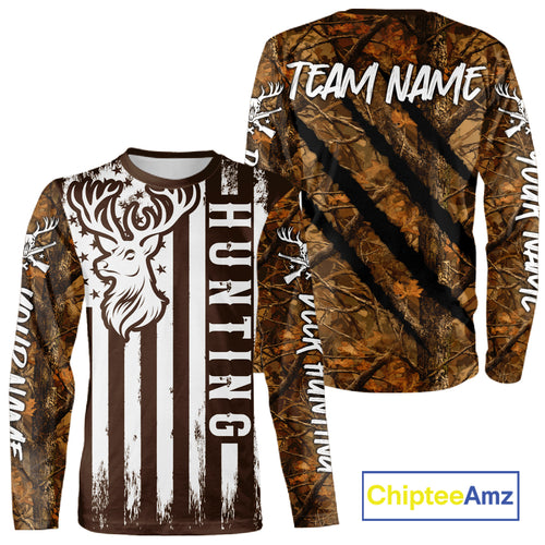 Personalized Brown Camo Deer Hunting Shirt with US Flag & Deer Buck, Hunter Gifts NBT59