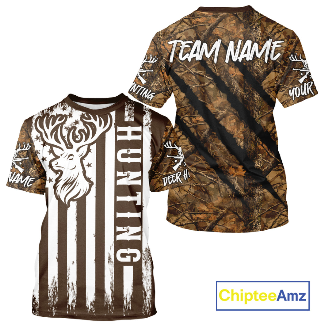 Personalized Brown Camo Deer Hunting Shirt with US Flag & Deer Buck, Hunter Gifts NBT59