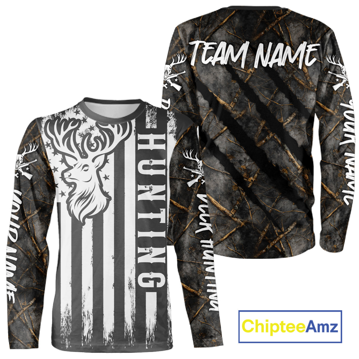Personalized Dark Camo Deer Hunting Shirt with US Flag & Deer Buck, Hunter Gifts NBT60