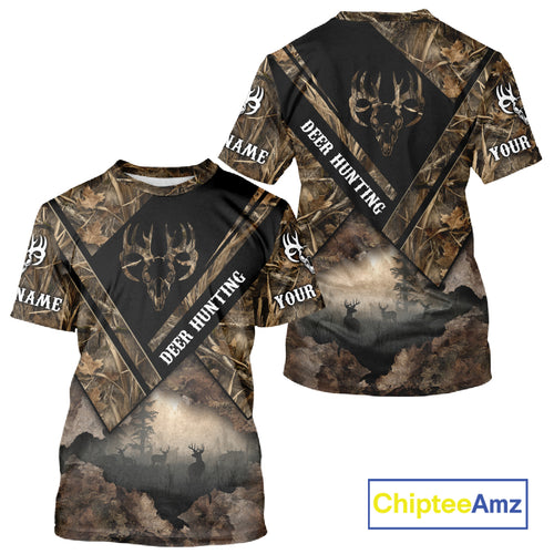 Deer Hunting Shirt Custom Name 3D All Over Print with Deer Skull & Brown Camo For Deer Hunters NBT79