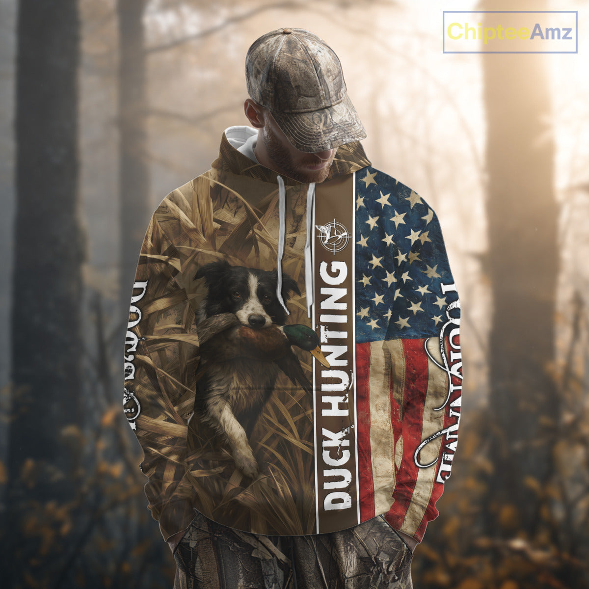 Border Collies Duck Hunting Waterfowl Camo US Flag Shirts, Custom Name Shirts, Hunting Gifts NBT96