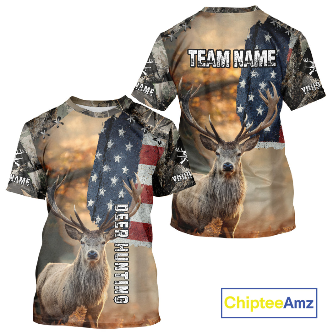 American Flag Camouflage Red Deer Hunting Shirts – Custom Name Hunting Clothes for Men NBT39