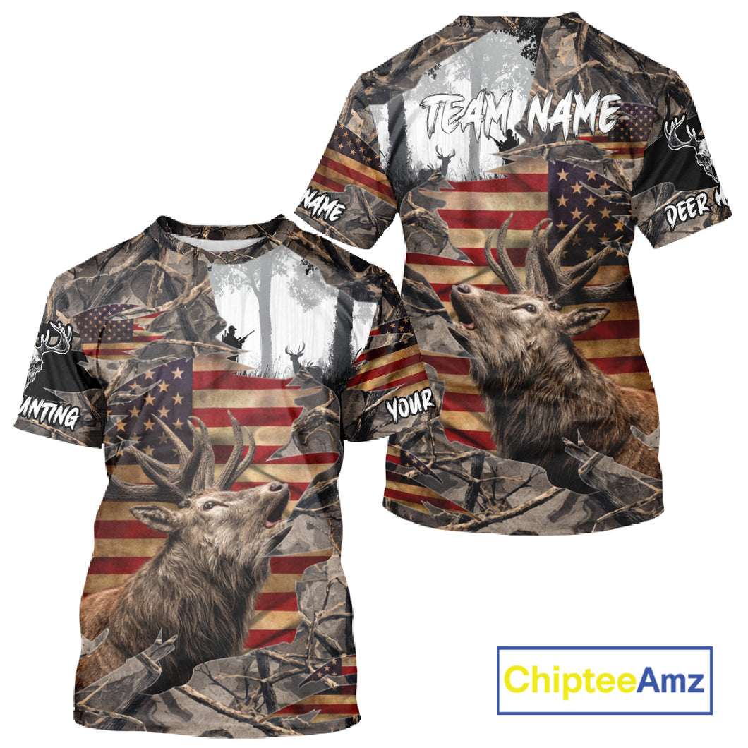 Best Elk Hunting Camo Shirt with Big Buck and US Flag – Hunting Apparel for Men, Hunter Gifts NBT51