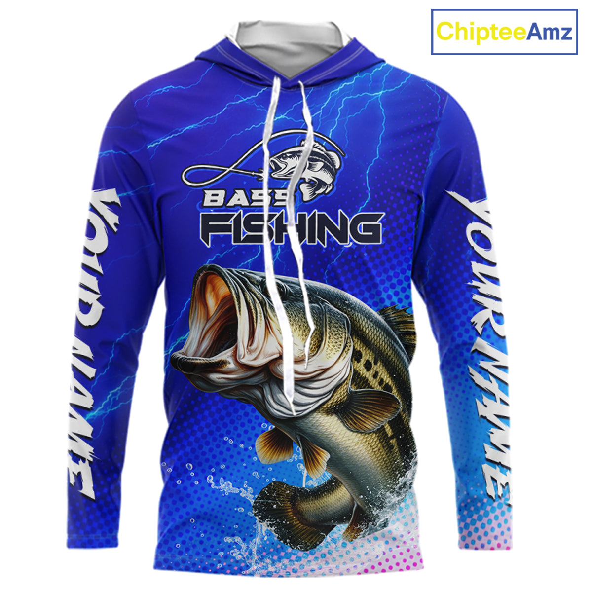 Blue Camo Bass Long Sleeve Hooded Fishing Shirts Thunder Light, Custom Name Bass Fishing Shirts NBT455